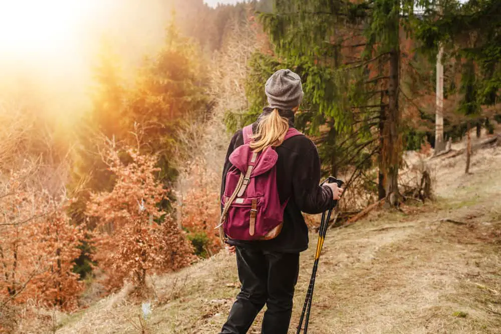 man hiking in the woods with backpack